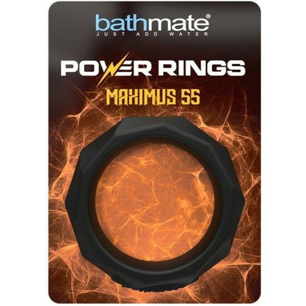 Verpackung mit schwarzem Ring. Text: Bathmate, Power Rings Maximus 55. Hintergrund: orangefarbene Flammen.