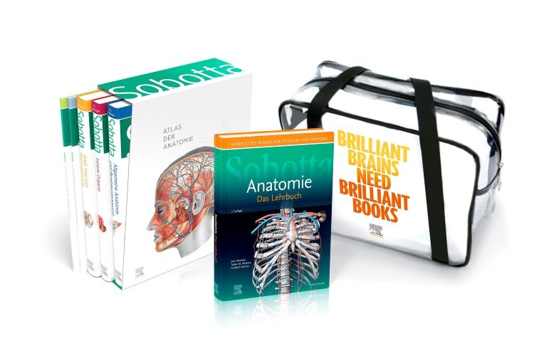 Buch-Set mit Lehrbuch und Atlas der Anatomie. Inklusive Tragetasche mit Aufdruck. Bücher mit farbigen Buchrücken und Illustrationen.