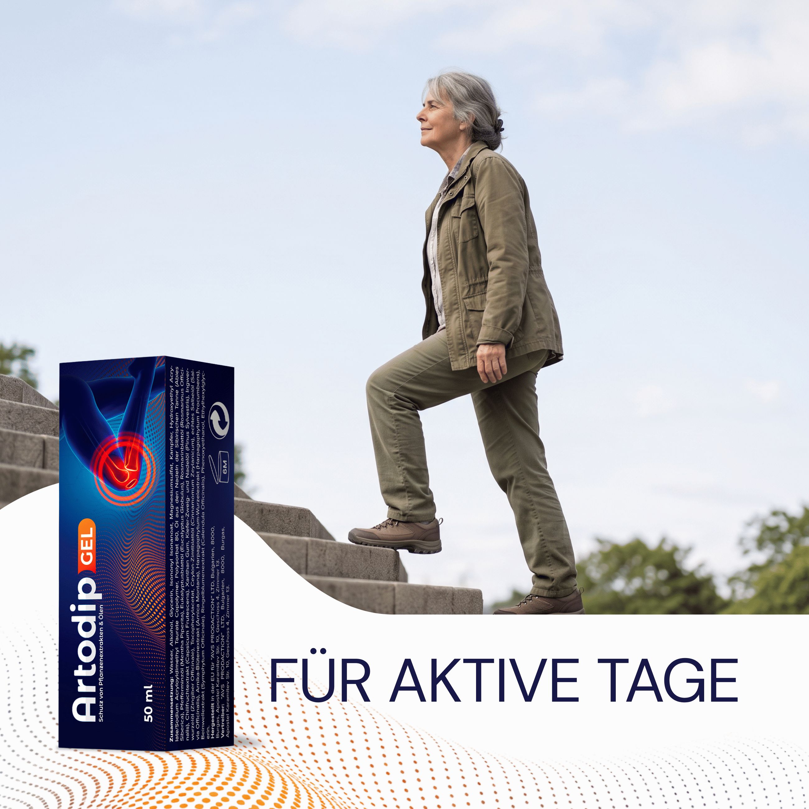 Frau steigt Treppen hoch, neben ihr Artodip Gel Tube; Text: Für aktive Tage.