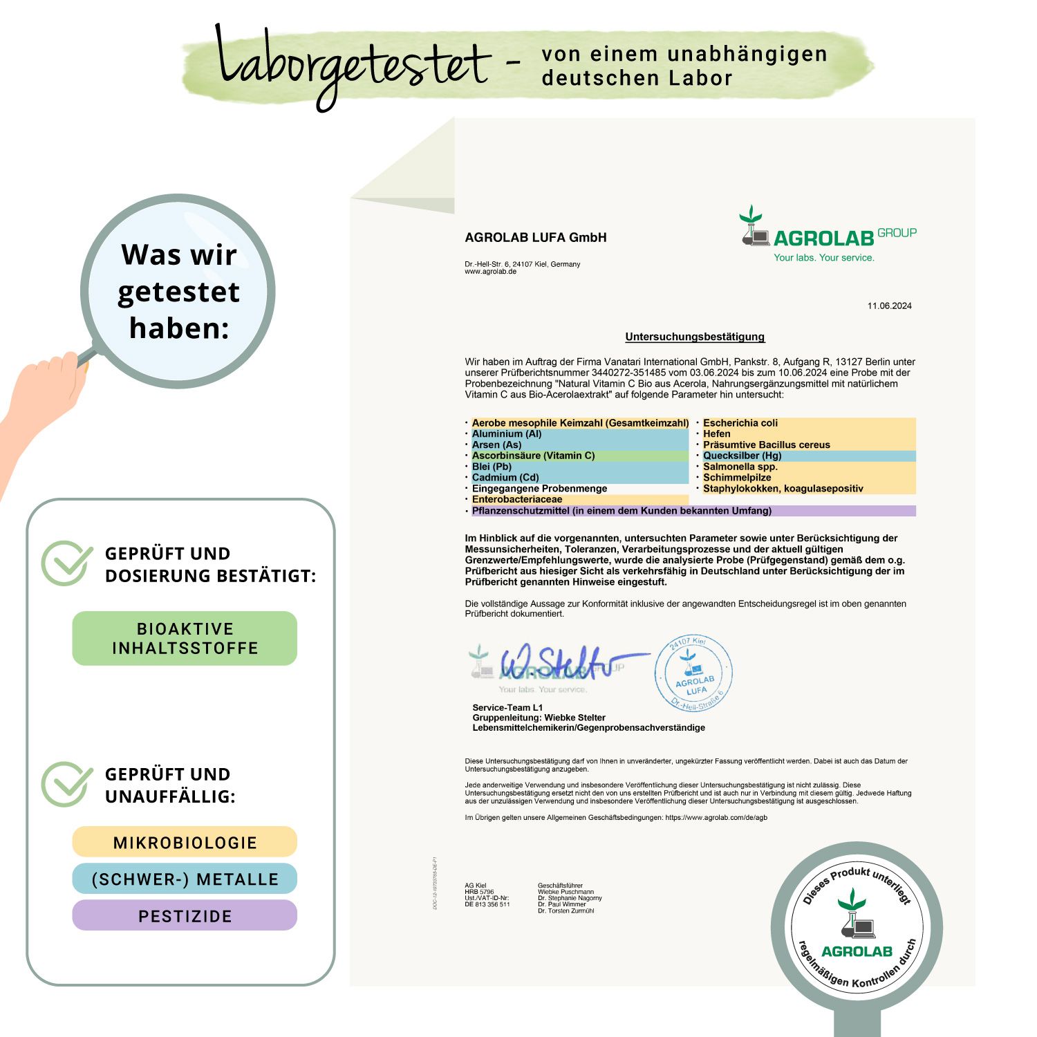 Zertifikat von Agrolab. Geprüft und Dosierung bestätigt. Geprüft und unauffällig: Mikrobiologie, Schwermetalle, Pestizide.
