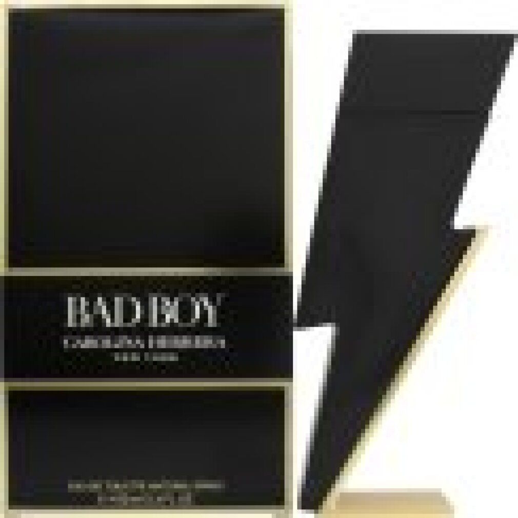 Schwarze Verpackung und Flakon in Blitzform. Aufschrift: Bad Boy, Carolina Herrera. Goldfarbene Akzente.