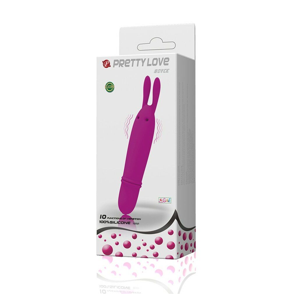 Lila Vibrator in Hasenform. Verpackung mit Produkt und Logo. 10 Vibrationsmodi.