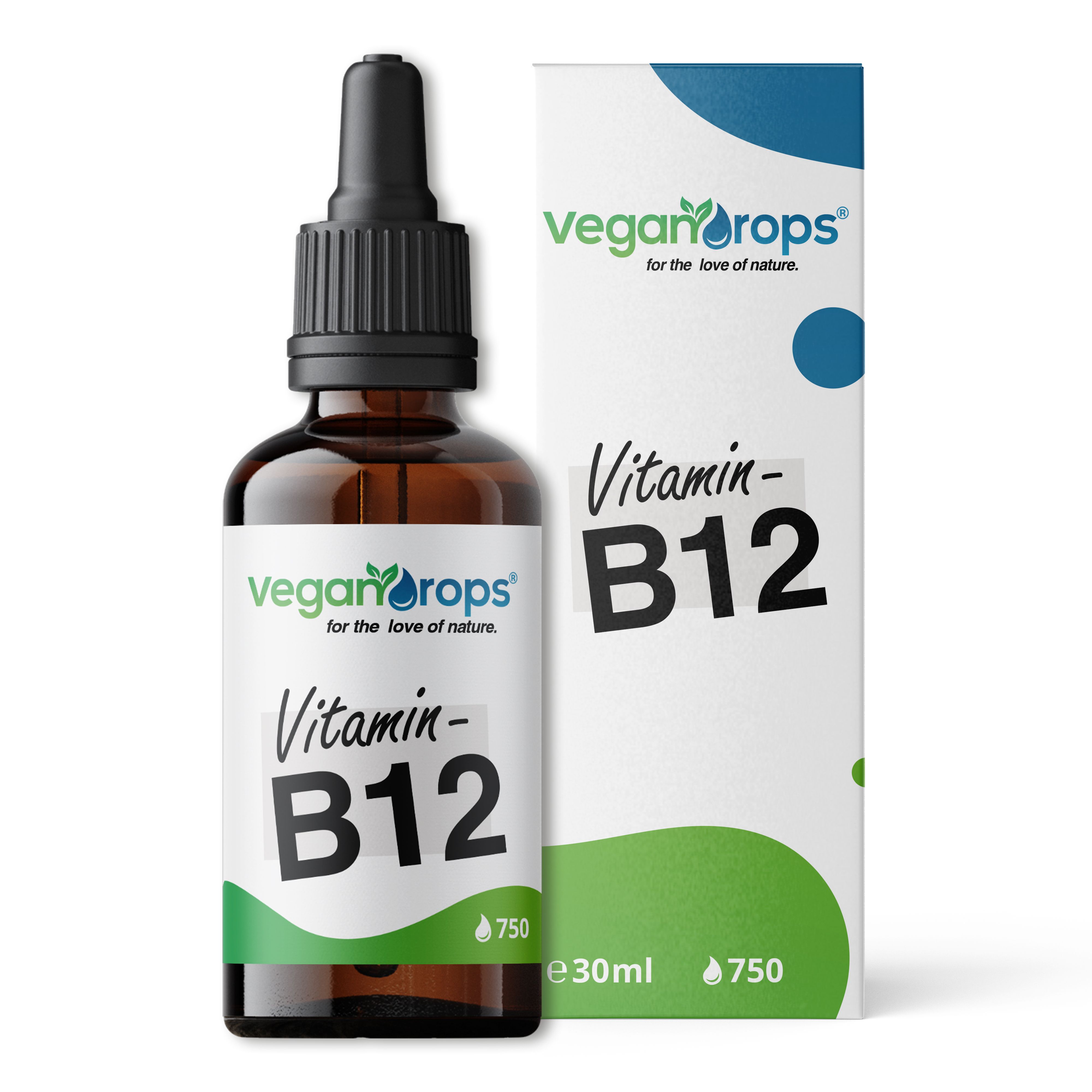 Braune Glasflasche mit Tropfer und Karton. Aufschrift: Vegan Drops, Vitamin B12. Grüne und weiße Etiketten. Flasche und Karton stehen.