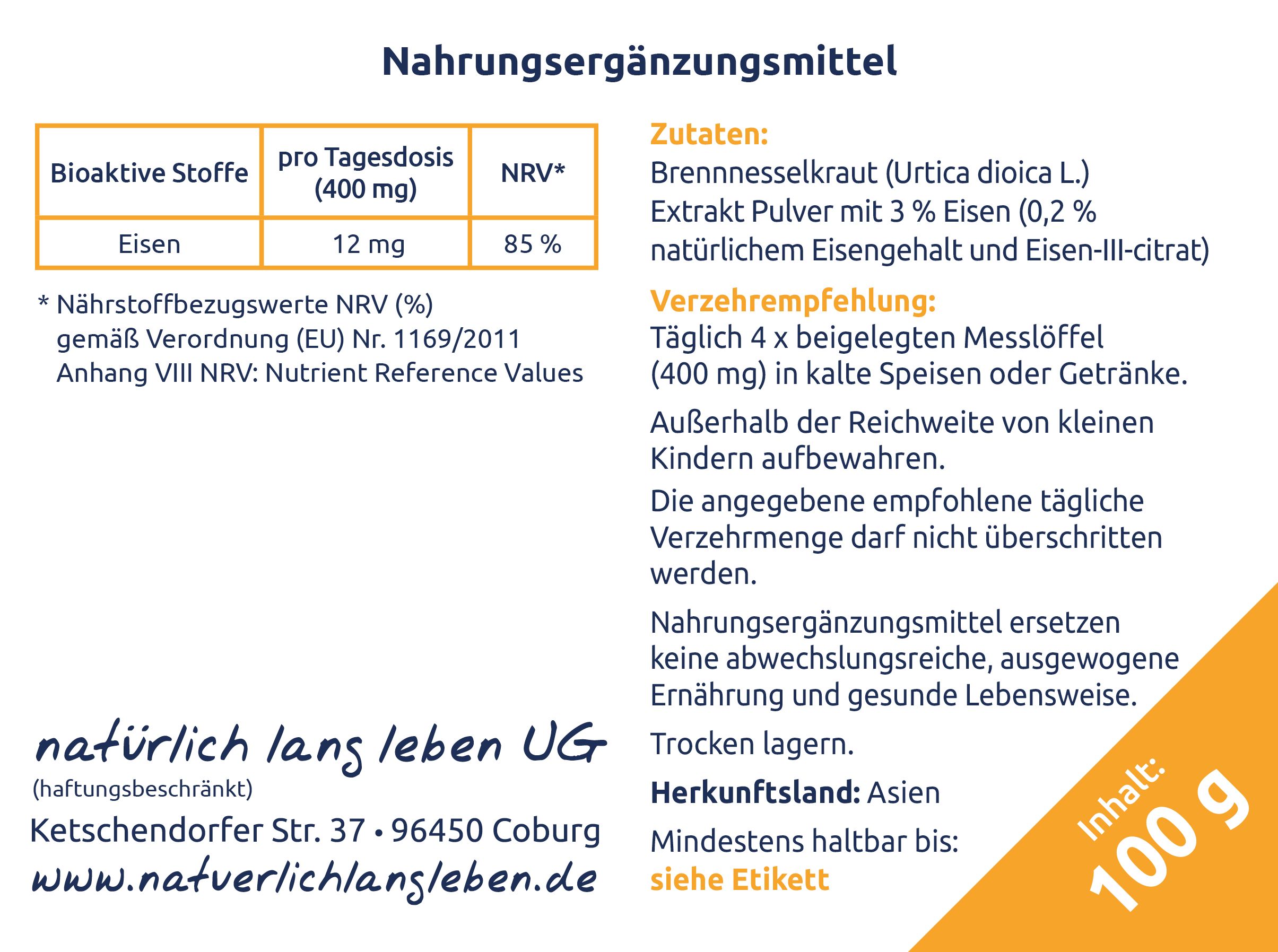 natürlich lang leben Brennessel Extrakt Pulver 100 g