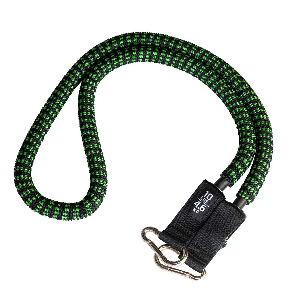 Grün-schwarzes Fitness-Tube mit Griffen. Schwarze Griffe, Karabinerhaken, Gewichtsanzeige 10 lbs/4.6 kg.