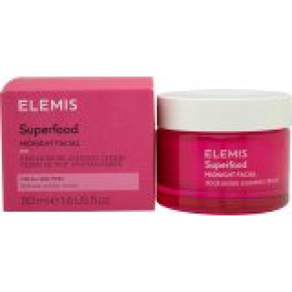 Pinkfarbene Schachtel und Tiegel. Aufschrift: Elemis Superfood Midnight Facial. 15 ml.