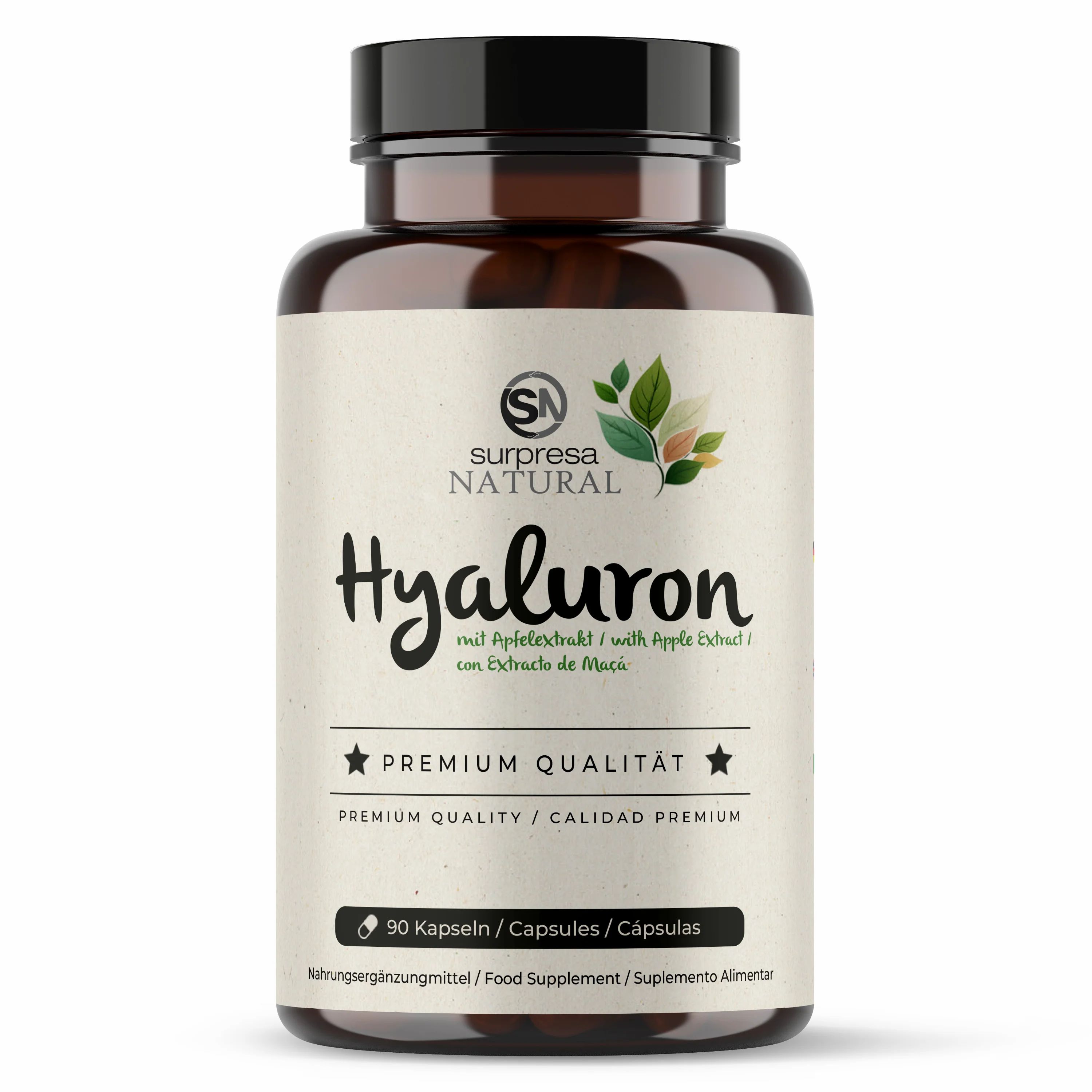 Braune Flasche mit schwarzen Deckel. Aufschrift: Hyaluron, Premium Qualität, 90 Kapseln. Marke: Surpresa Natural.