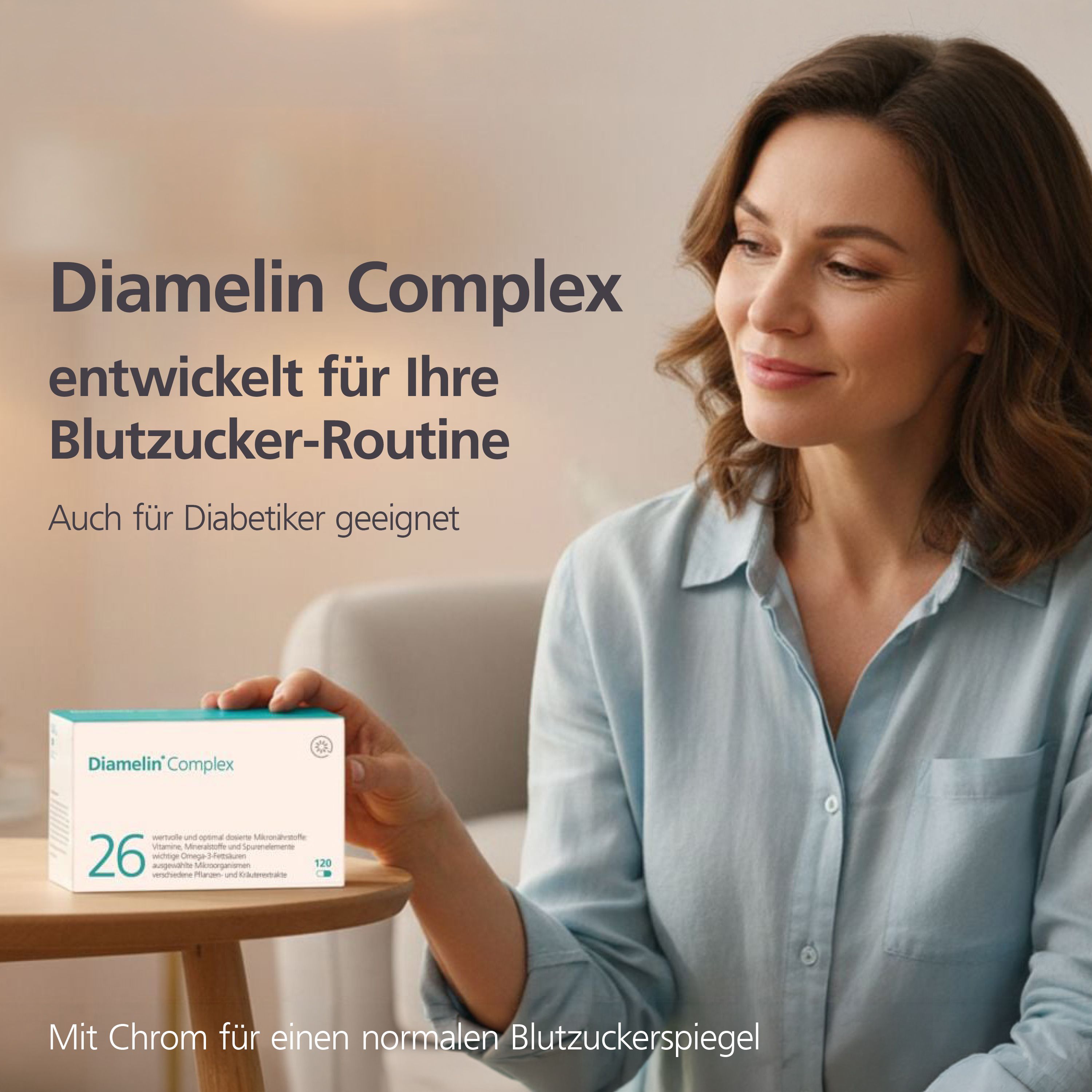 Frau hält eine Packung Diamelin Complex, die für die Blutzucker-Routine entwickelt wurde.