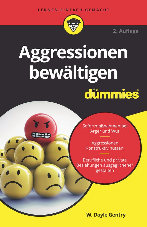 Buchcover: "Aggressionen bewältigen für Dummies". Titel in Weiß, roter Hintergrund. Gelbe und rote Emoticons.