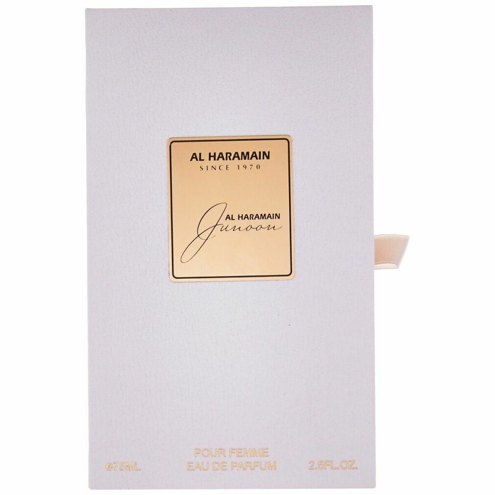 Weiße Verpackung mit goldfarbenem quadratischem Etikett. Darauf steht "AL HARAMAIN" und "Junoon".