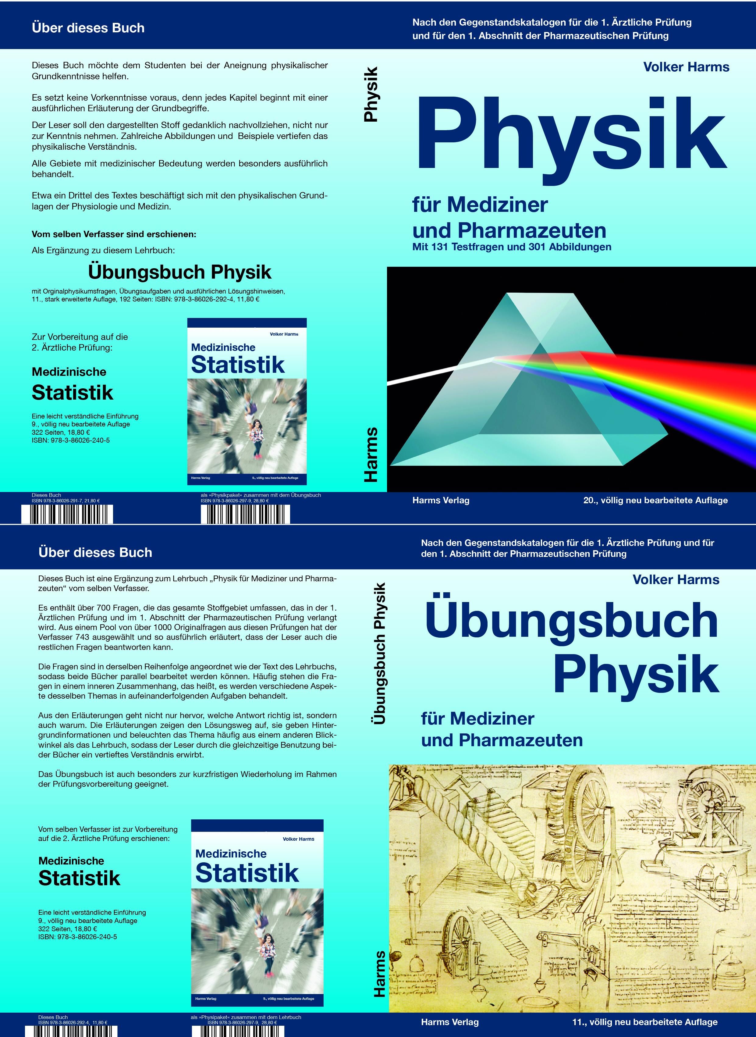 Buchcover mit Titel "Physik für Mediziner und Pharmazeuten". Autor: Volker Harms. Verlag: Harms. Abbildung eines Prismas mit Lichtbrechung.