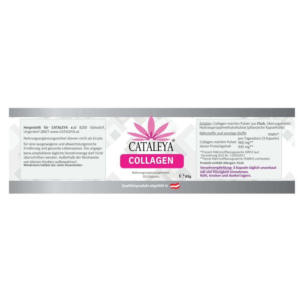 Die Rückseite der CATALEYA Collagen Kapseln-Verpackung. Enthält Informationen über Inhaltsstoffe, Dosierung und Nährwertangaben. Das Etikett zeigt den Markennamen CATALEYA und die Produktbezeichnung COLLAGEN.