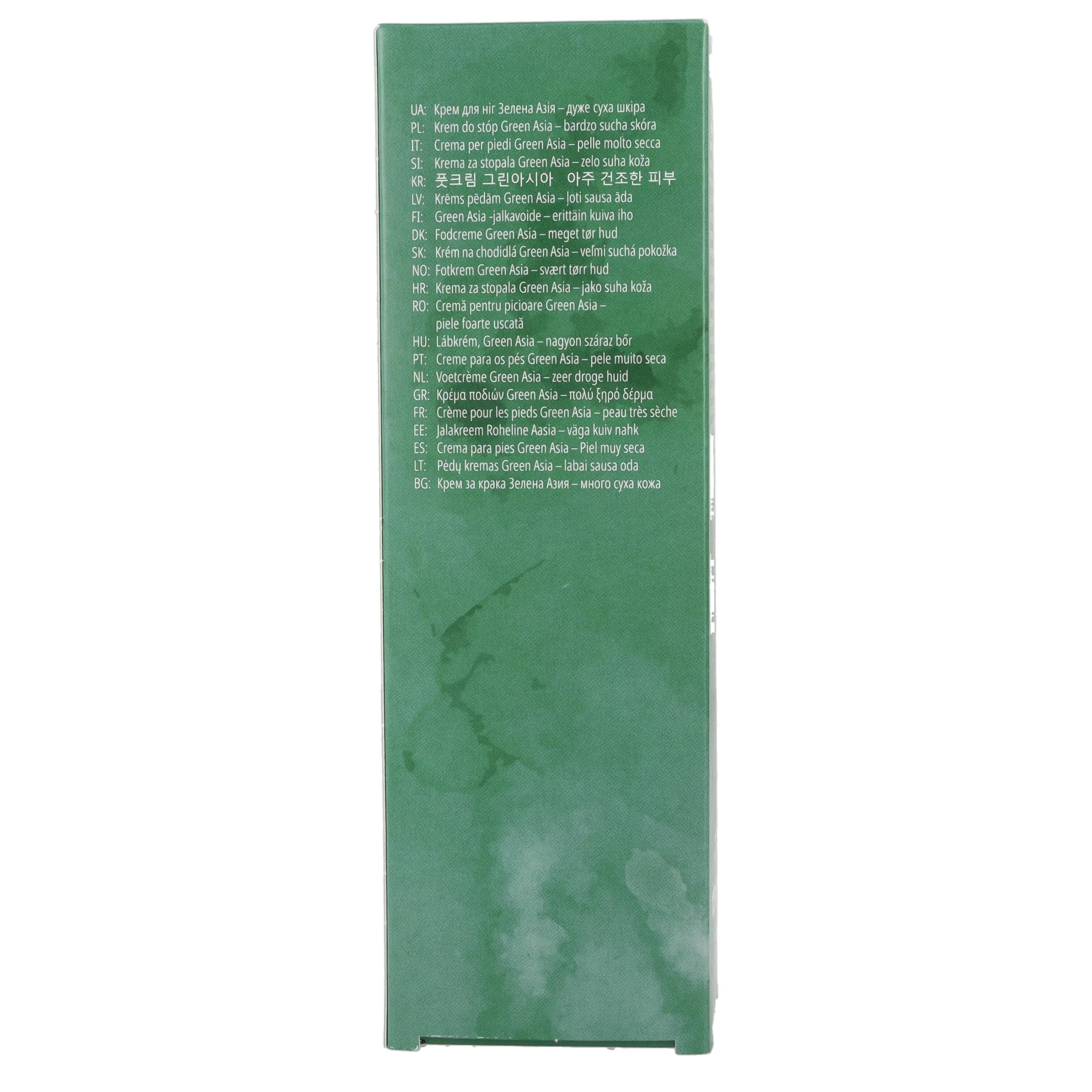 Pedibaehr Fußcreme Green Asia Karton Seite mit mehrsprachigen Produktnamen.