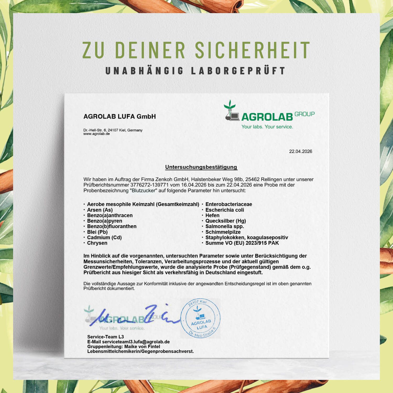 Laborprüfzertifikat für Blutzucker Komplex von Agrolab.