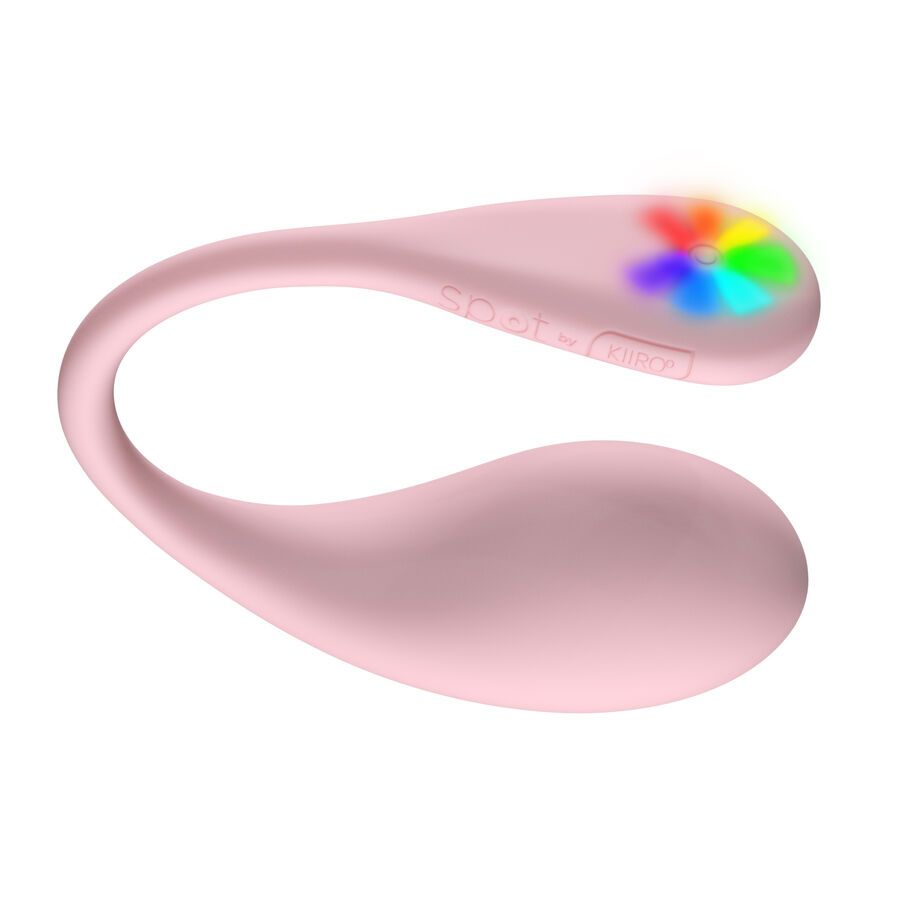 Rosa Auflegvibrator mit geschwungener Form und blütenförmigem Licht. Text: spot - Kiiroo.