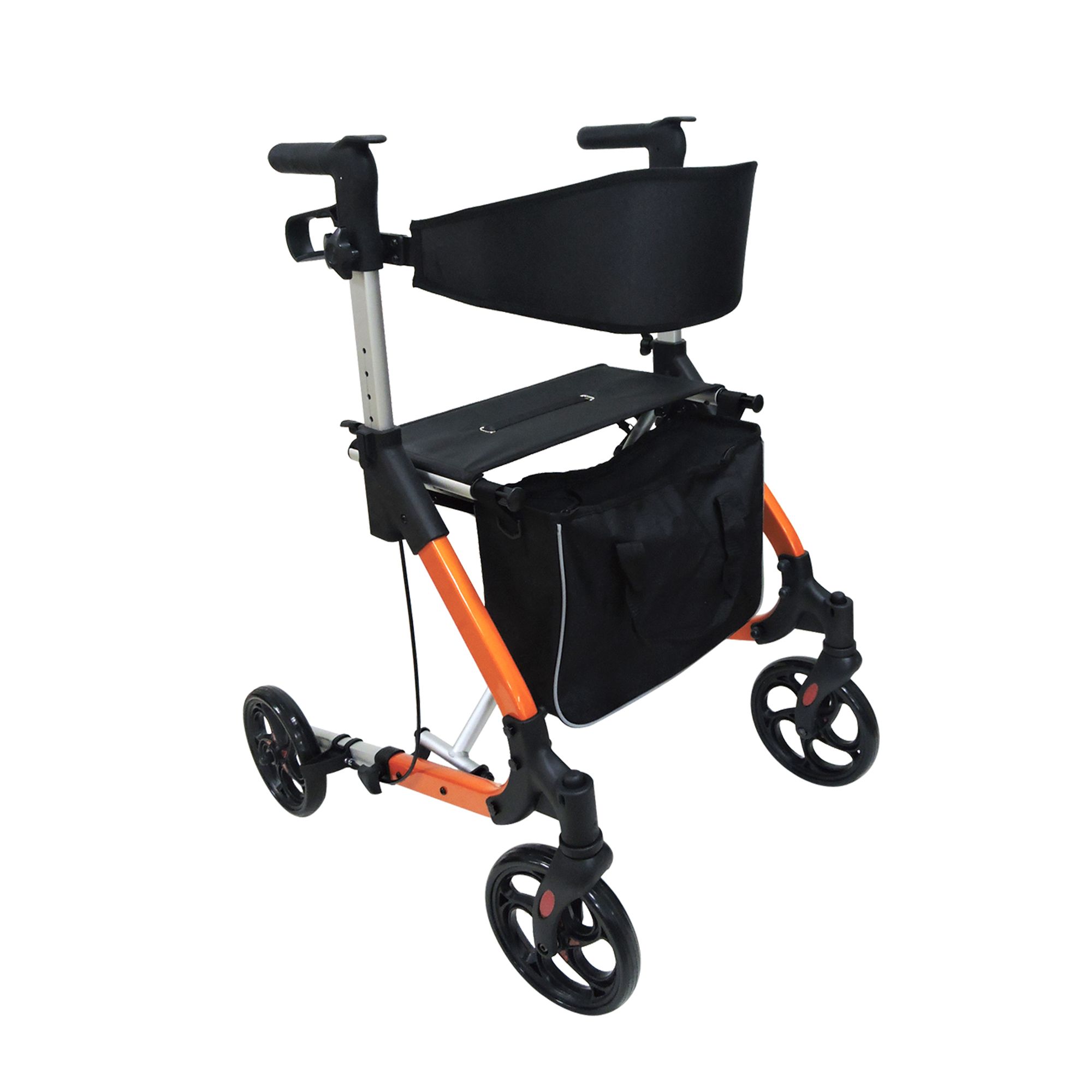 Rollator aus Aluminium. Orangefarbener Rahmen, schwarze Sitzfläche und Tasche. Vier Räder.