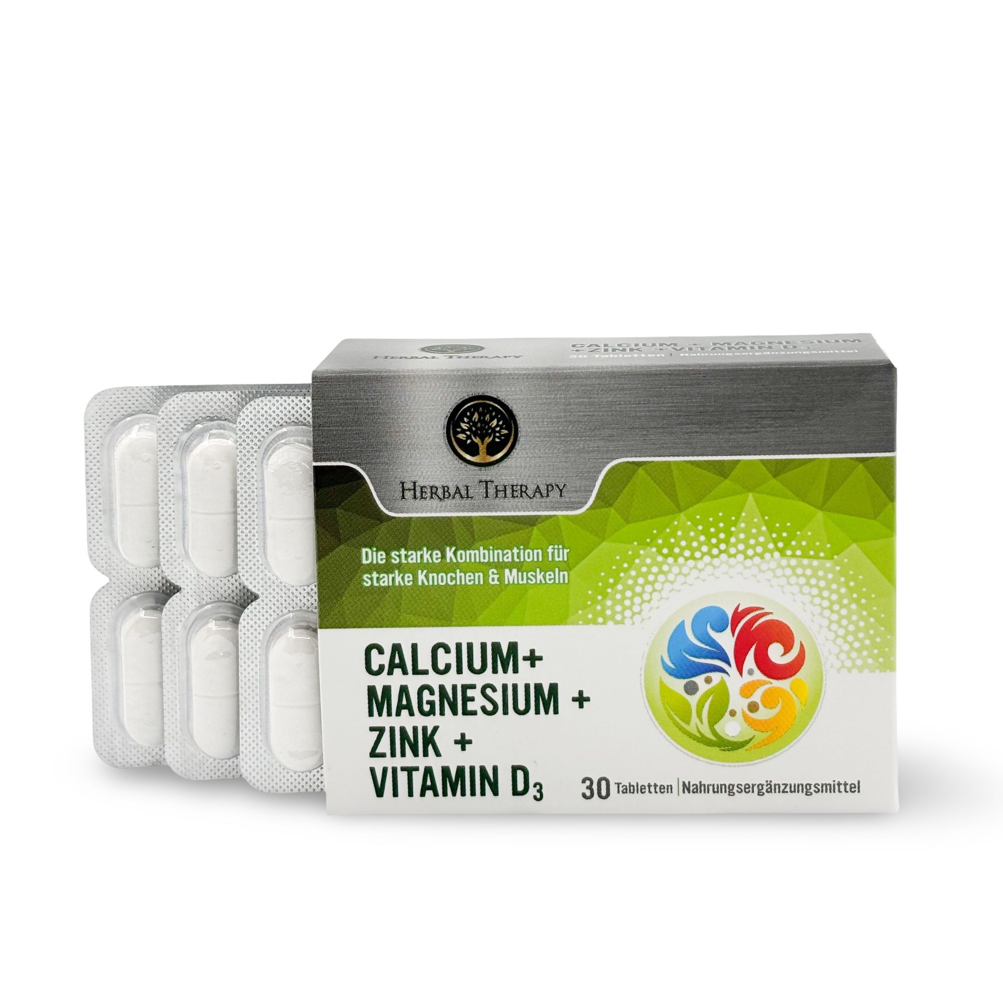 Herbal Therapy Kalzium, Magnesium, Zink, Vitamin D3 Schachtel mit Tablettenblistern. Aufschrift: Calcium, Magnesium, Zink, Vitamin D3. 30 Tabletten.