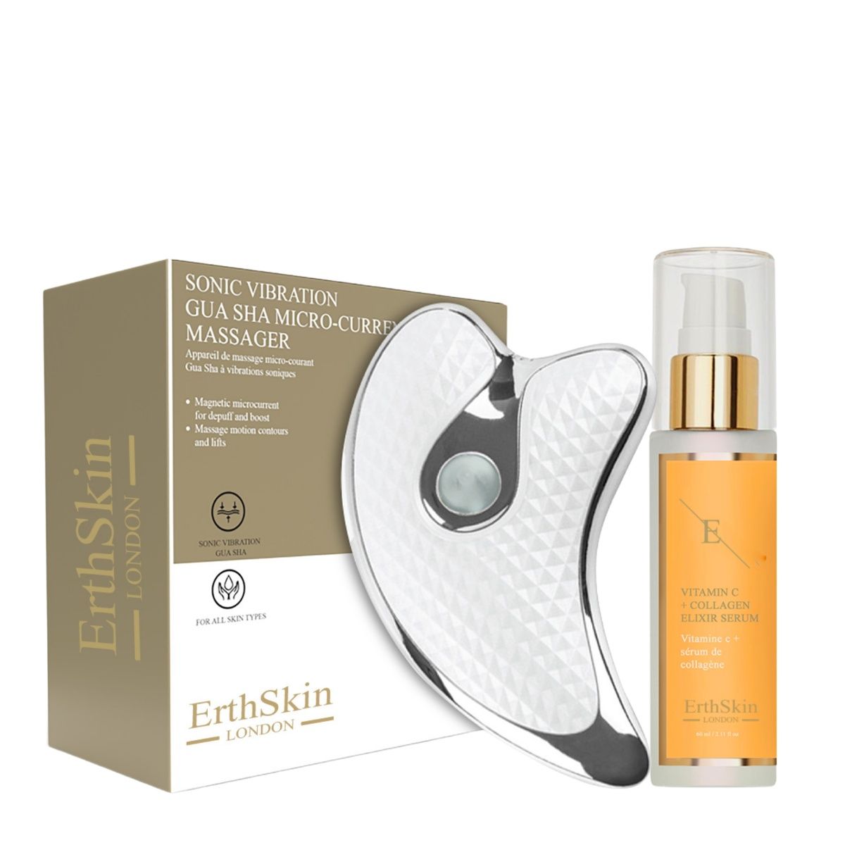 Gua Sha Massagegerät und Serum. Silberfarbenes Gerät, gelbes Serum mit goldfarbenem Deckel. Verpackung mit Produktnamen.