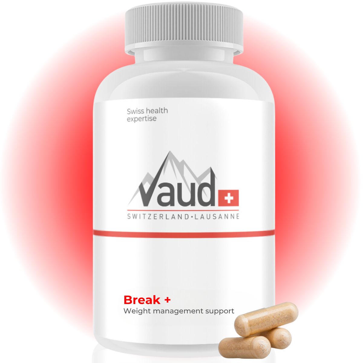Witte fles met capsules. Vaud Break, Zwitserland. Capsules ernaast.