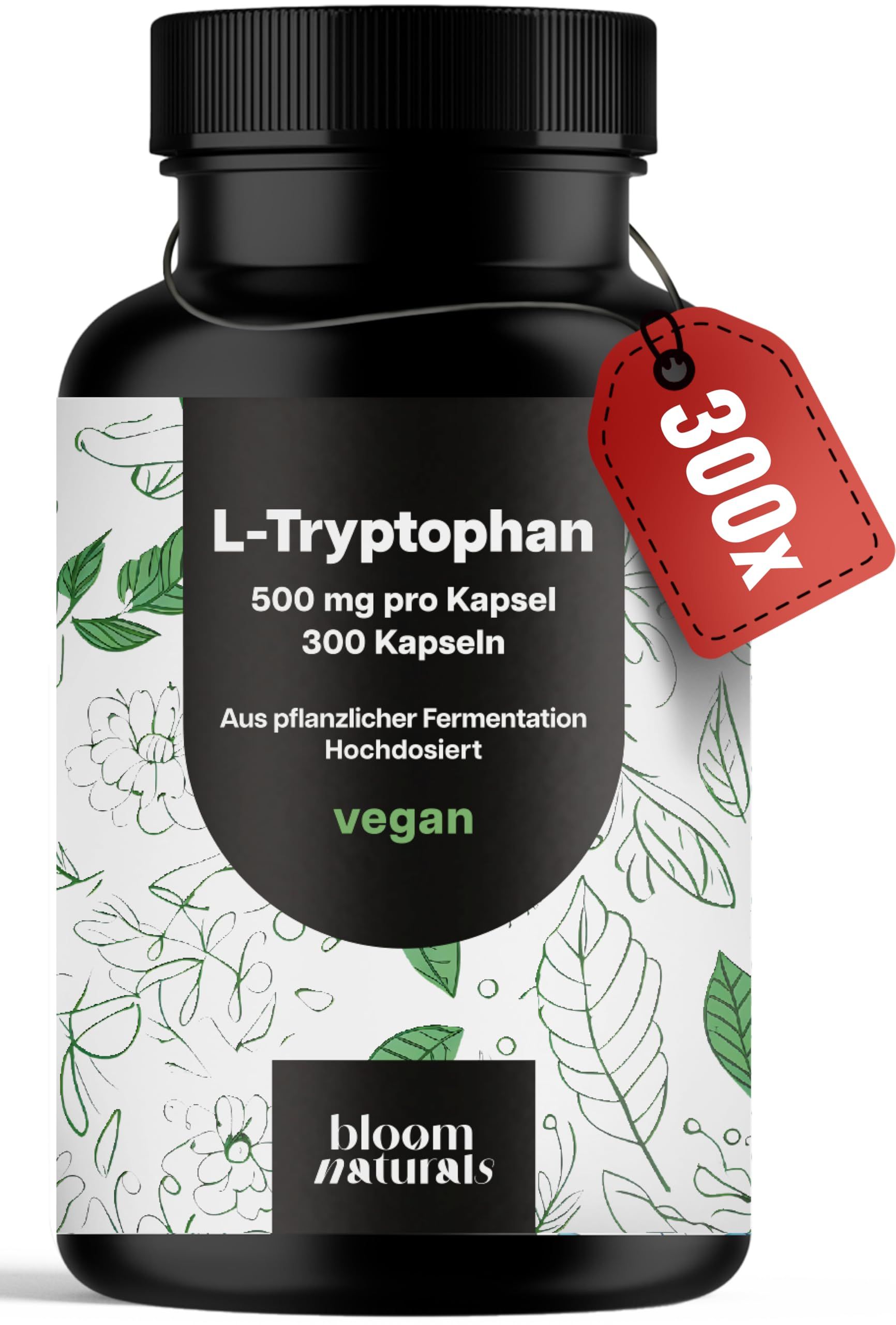 Dose L-Tryptophan Kapseln mit rotem Anhänger '300x'. Bloom Naturals.