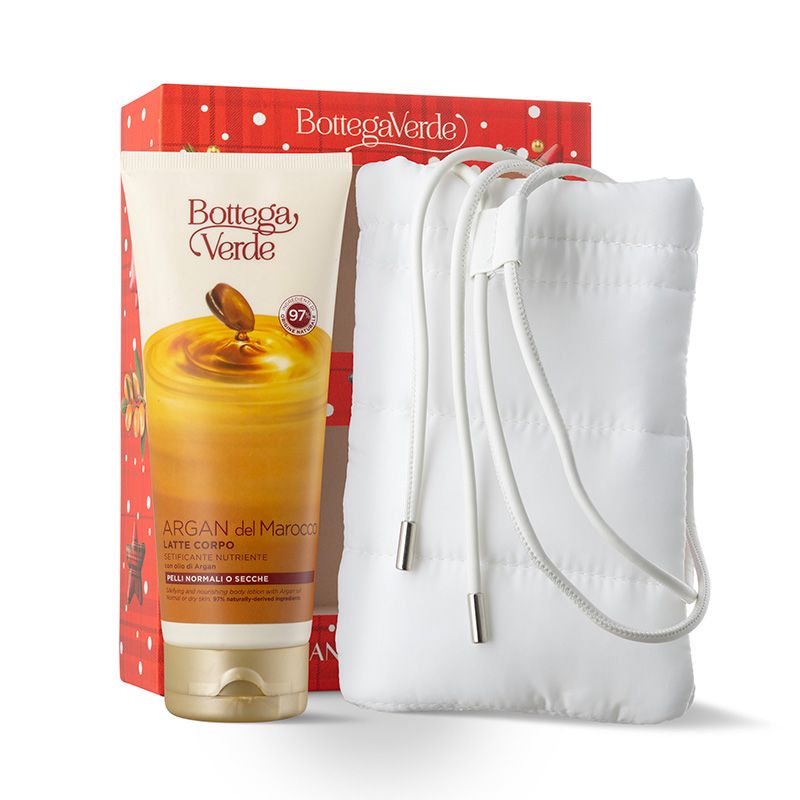 Regalo di Natale Bottega Verde. Include un tubo di latte corpo all'Argan e un sacchetto bianco trapuntato con coulisse. Il tubo è confezionato in una scatola regalo a pois rossi con il logo Bottega Verde.