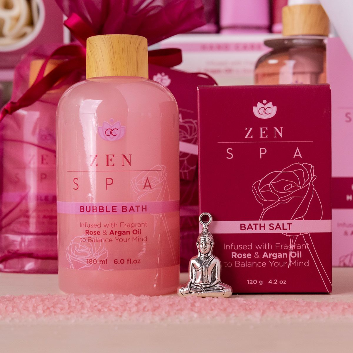 ZEN SPA Bubble Bath und Badesalz mit Rosen- und Arganöl, inklusive Buddha-Figur.