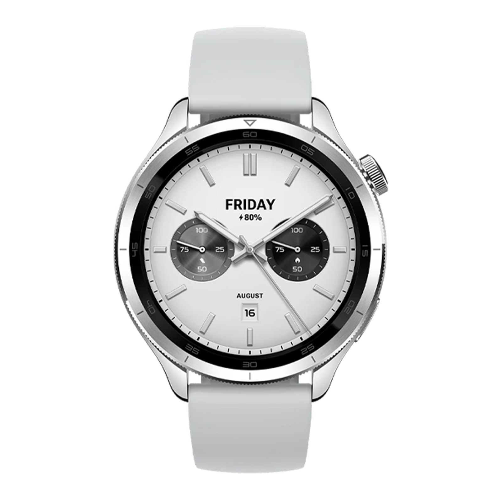 Smartwatch mit weißem Armband. Rundes Zifferblatt mit schwarzen Details. Zeigt Tag, Datum und %-Anzeige.
