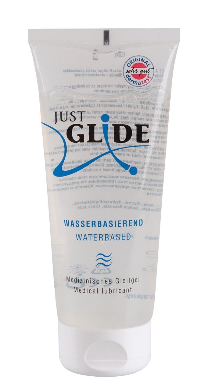 Tube mit transparentem Gleitgel. Aufschrift: Just Glide, wasserbasiert, medizinisches Gleitgel. Siegel.