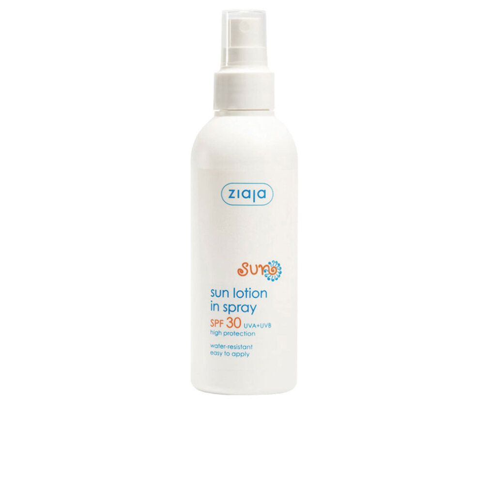Weiße Sprühflasche mit Ziaja-Logo und Sonnencreme-Aufschrift. SPF 30, wasserfest. Flasche steht aufrecht.