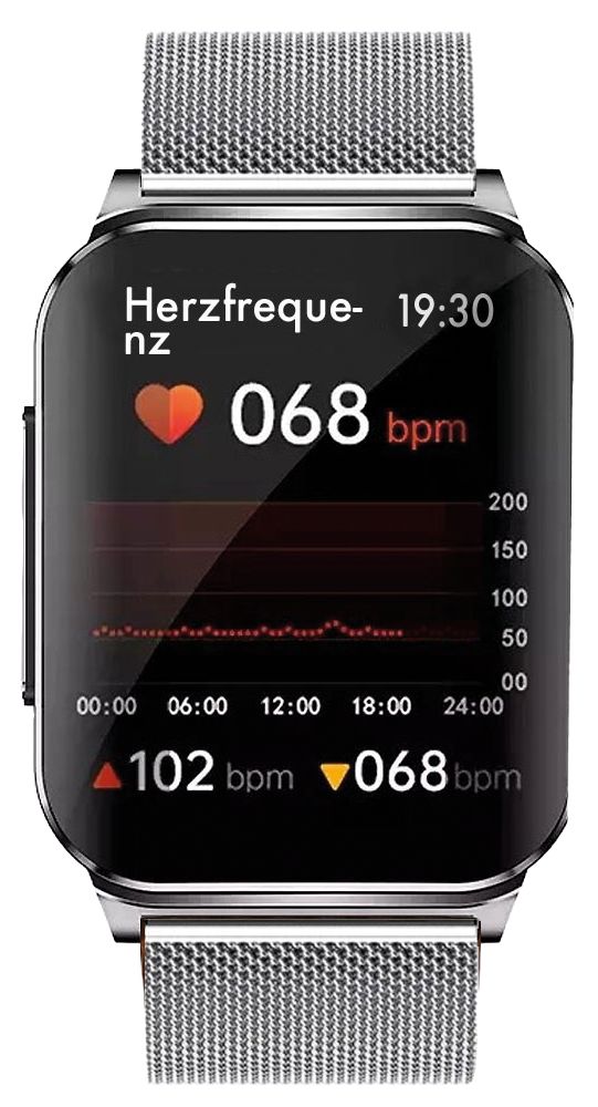 Smartwatch mit Herzfrequenzanzeige. Zeigt 068 bpm, Diagramm, Zeit 19:30. Edelstahlarmband.