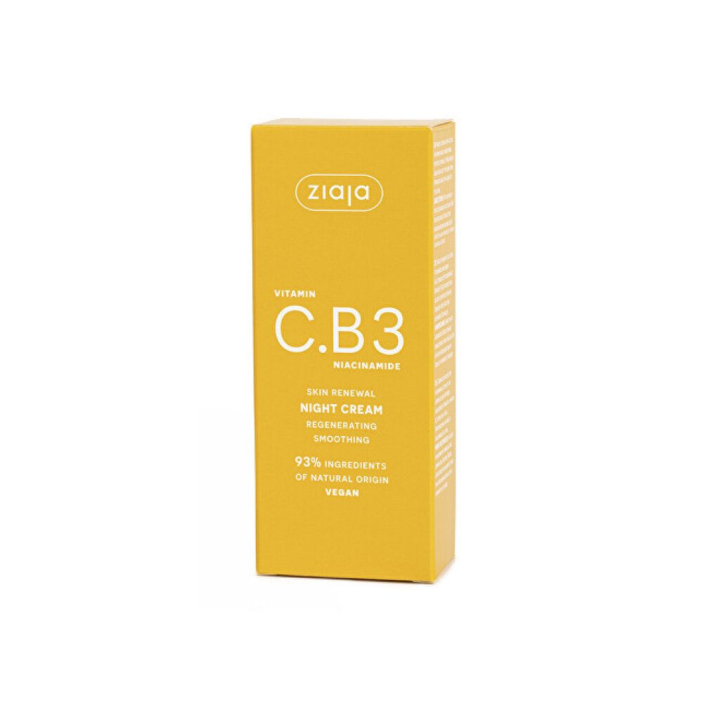 Gelber Karton mit Nachtcreme, Vitamin C.B3 Niacinamid, 93% natürliche Inhaltsstoffe, vegan.