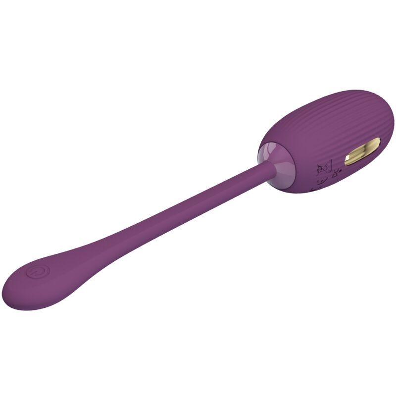 Lila Vibrations-Ei mit geriffelter Oberfläche und Stiel. Goldfarbene Akzente. Ergonomisches Design.