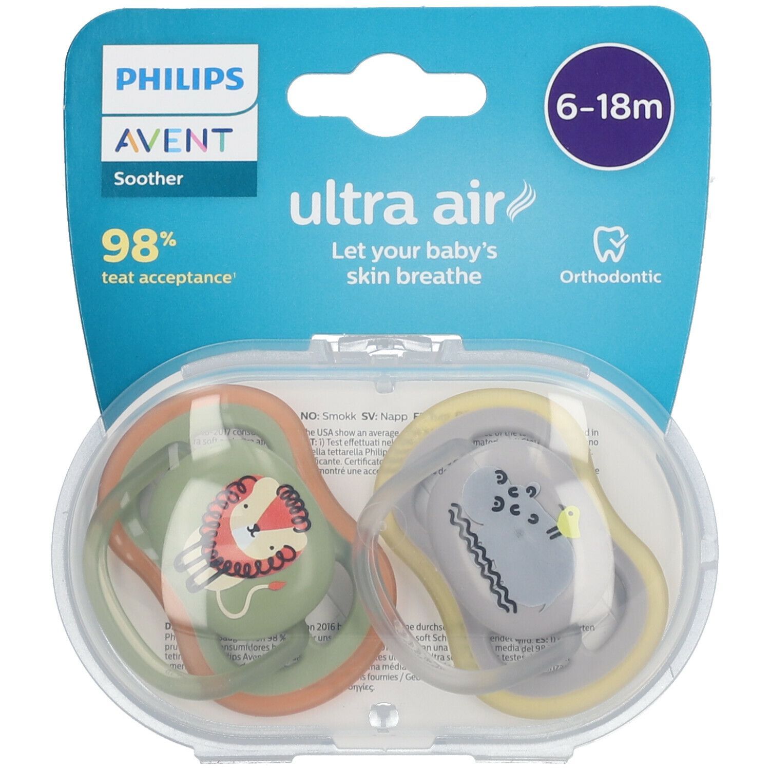 PHILIPS Avent Ultra Air Schnuller 6-18 Monate, Löwe/ Nilpferd