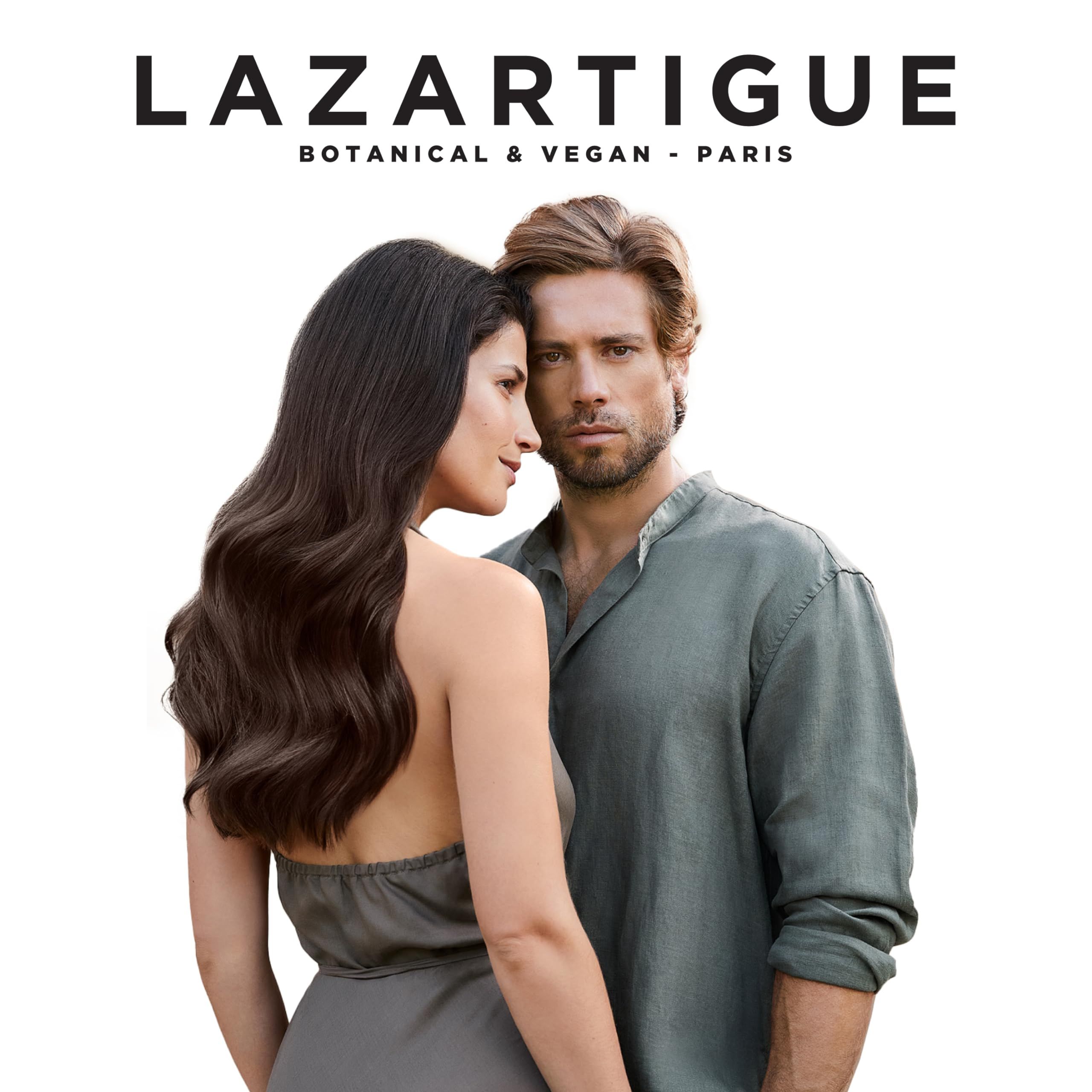 LAZARTIGUE: Mann und Frau mit langen Haaren, Werbebild für Haarpflegeprodukte.