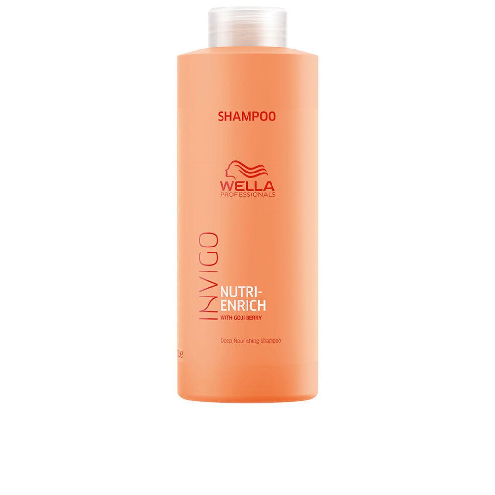 Orangefarbene Shampoo-Flasche mit weißem Deckel. Aufschrift: SHAMPOO, WELLA PROFESSIONALS, INVIGO, NUTRI-ENRICH, Deep Nourishing Shampoo.