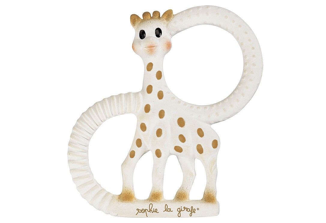 Weißer Beißring in Giraffenform mit braunen Flecken. Ringförmiger Teil. Gesicht mit Augen, Nase, Mund. Sophie la girafe.