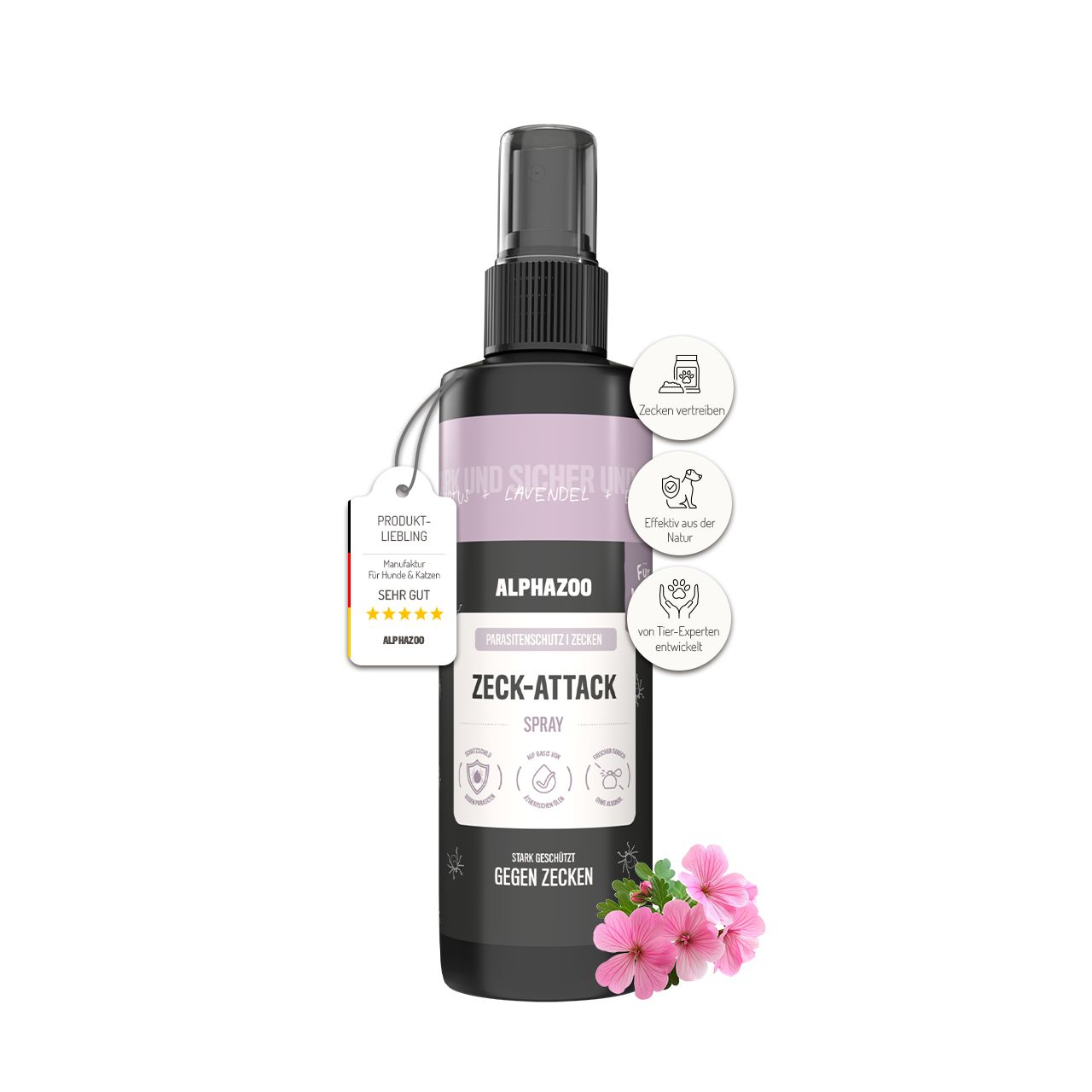 Schwarze Sprühflasche mit Etikett. Text: ALPHAZOO, ZECK-ATTACK SPRAY, GEGEN ZECKEN. Anhänger: Produkt-Liebling, sehr gut.