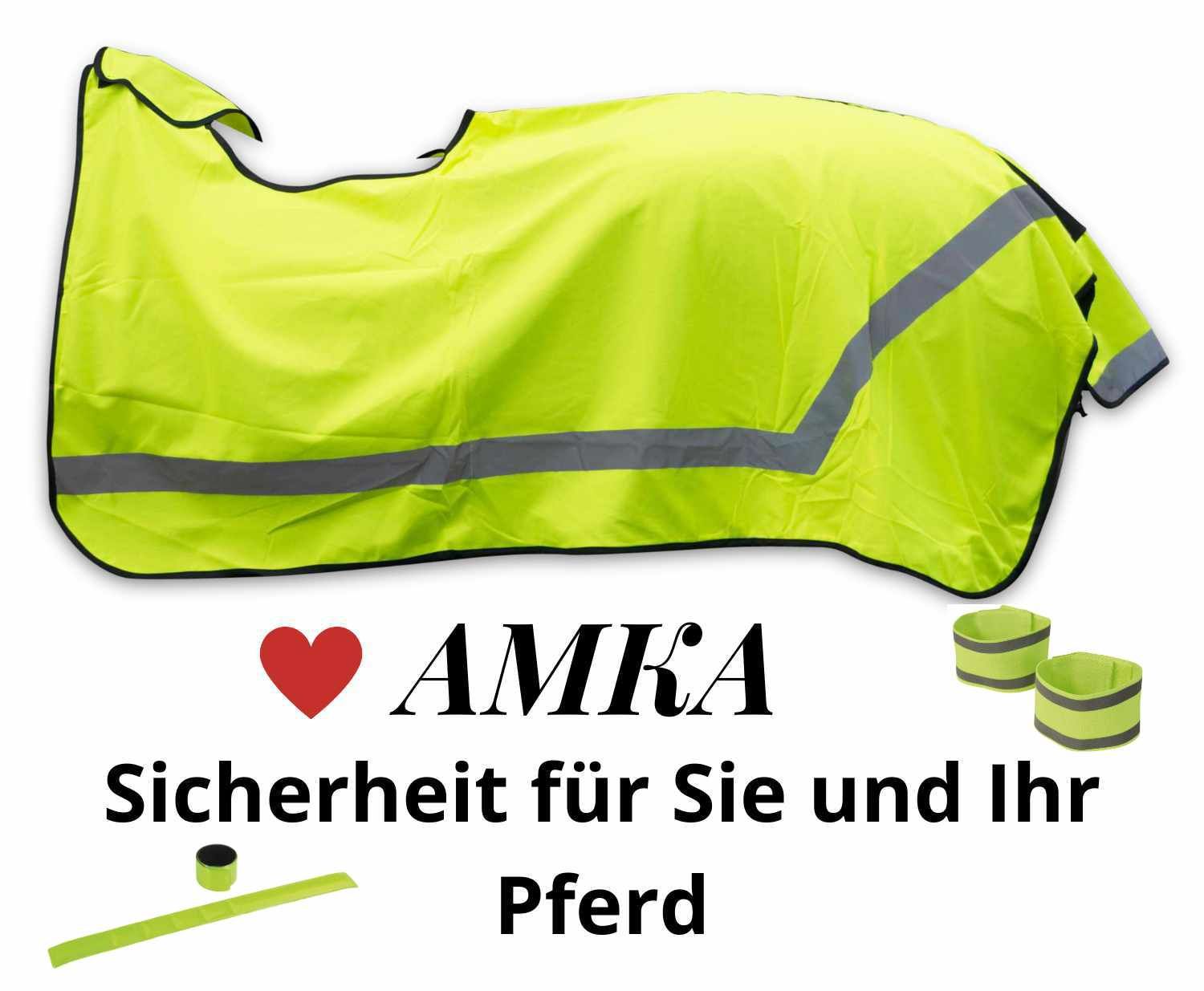 AMKA Reflektorbänder SET. Gelbe Pferdedecke mit Reflektorstreifen und zwei Armbändern. Text: Sicherheit für Sie und Ihr Pferd.