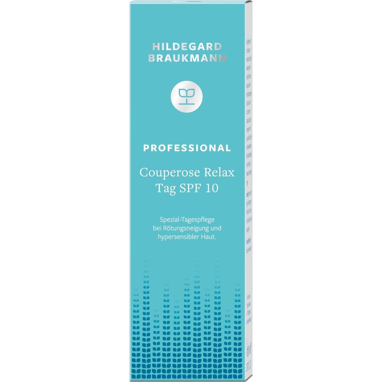 Hildegard Braukmann Professional Plus Couperose Relax Tag SPF 10. Rechteckige Verpackung mit Produktnamen und -details. Türkis-weißes Design.