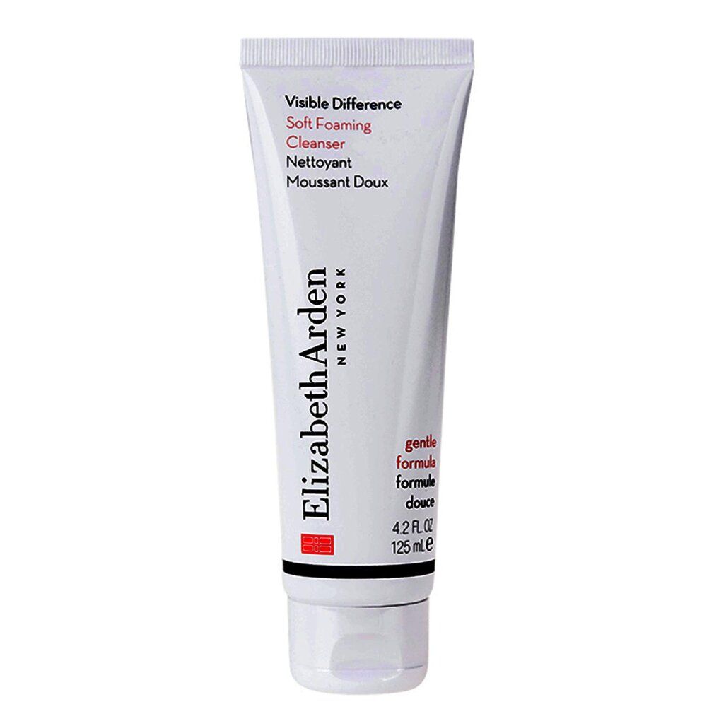 Weiße Tube mit roter und schwarzer Schrift. Elizabeth Arden New York, Visible Difference Soft Foaming Cleanser.