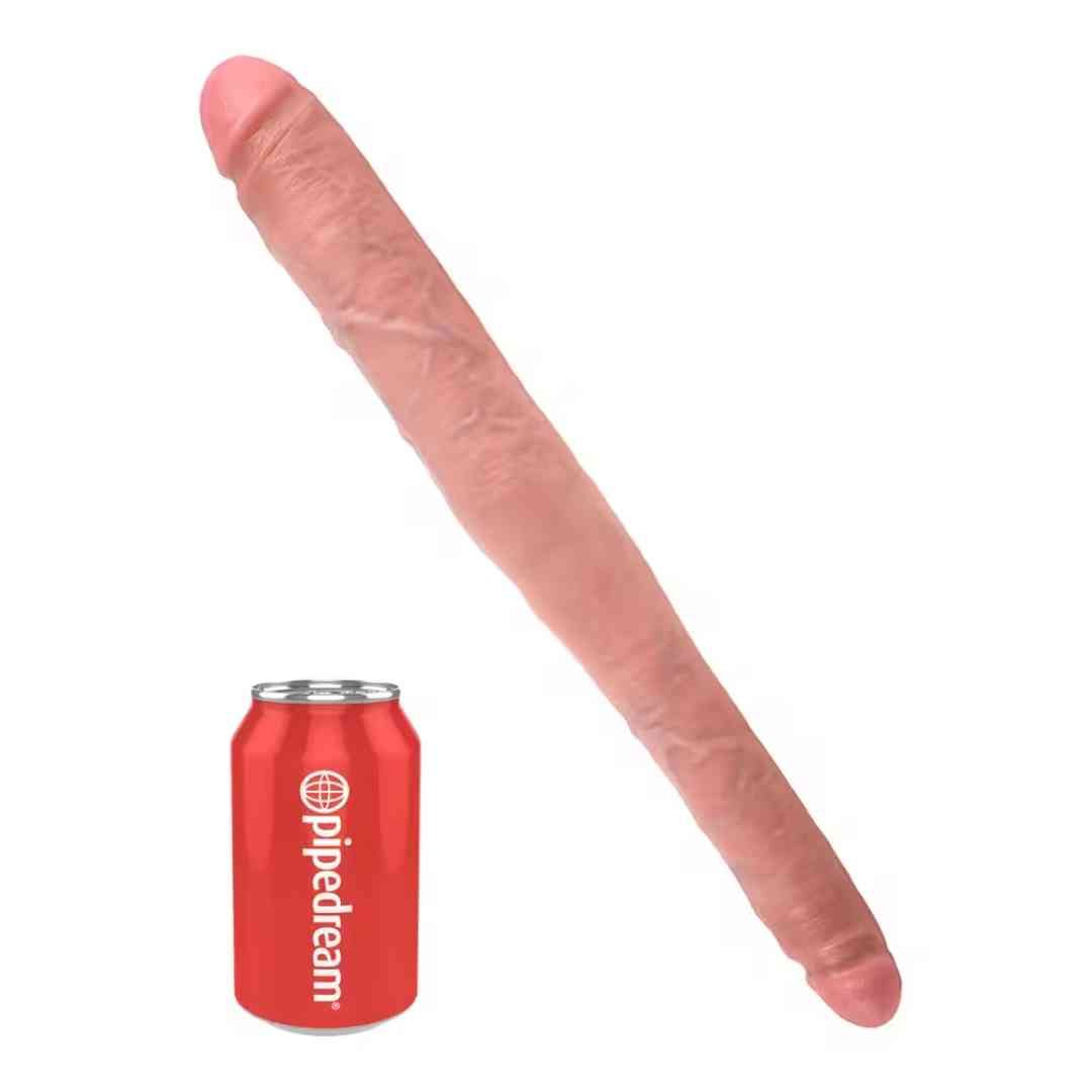 Rosa Doppeldildo. Neben einer roten Dose mit pipedream-Logo. 