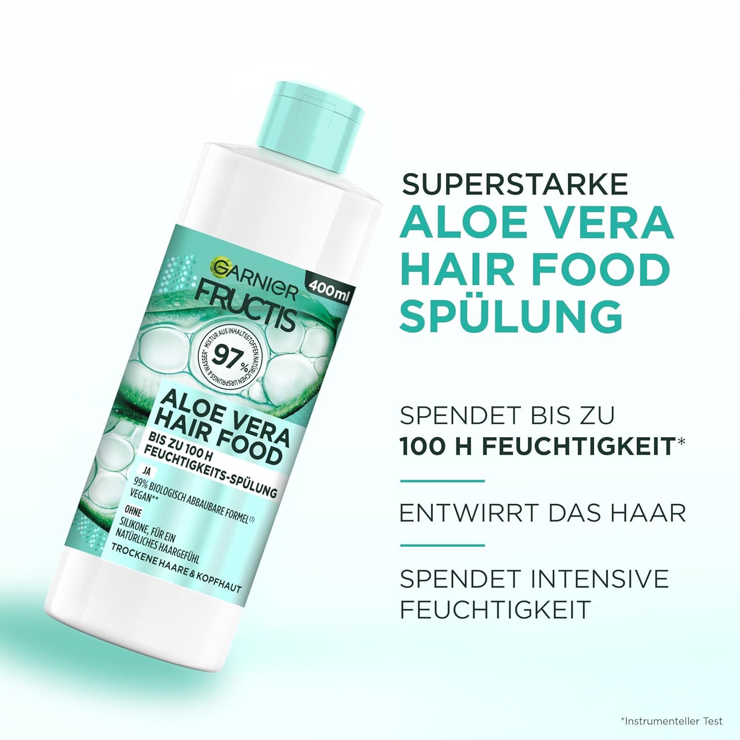 Garnier Fructis Aloe Vera Hair Food Spülung, 400ml Flasche. Grün-weißes Etikett mit Produktinformationen. 97% Inhaltsstoffe natürlichen Ursprungs.