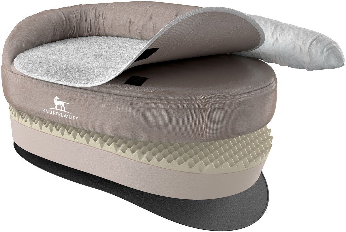 Orthopädisches Hundebett Jessy, Schnittansicht. Mehrschichtiges Design mit Schaumstoff. Oberseite mit abnehmbarem Bezug. Knuffelwuff Logo.