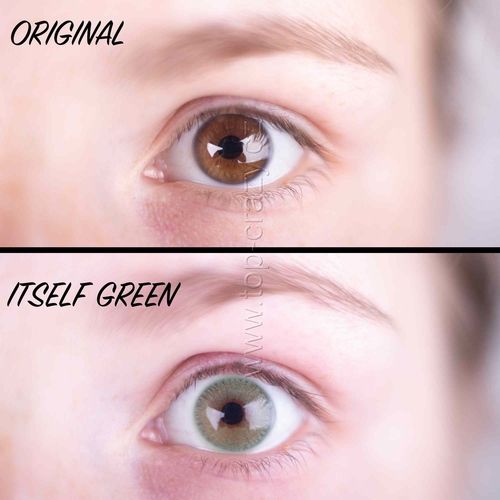 Vergleich von Augen: Oben braunes Auge, unten grünes Auge. Text: ORIGINAL und ITSELF GREEN.