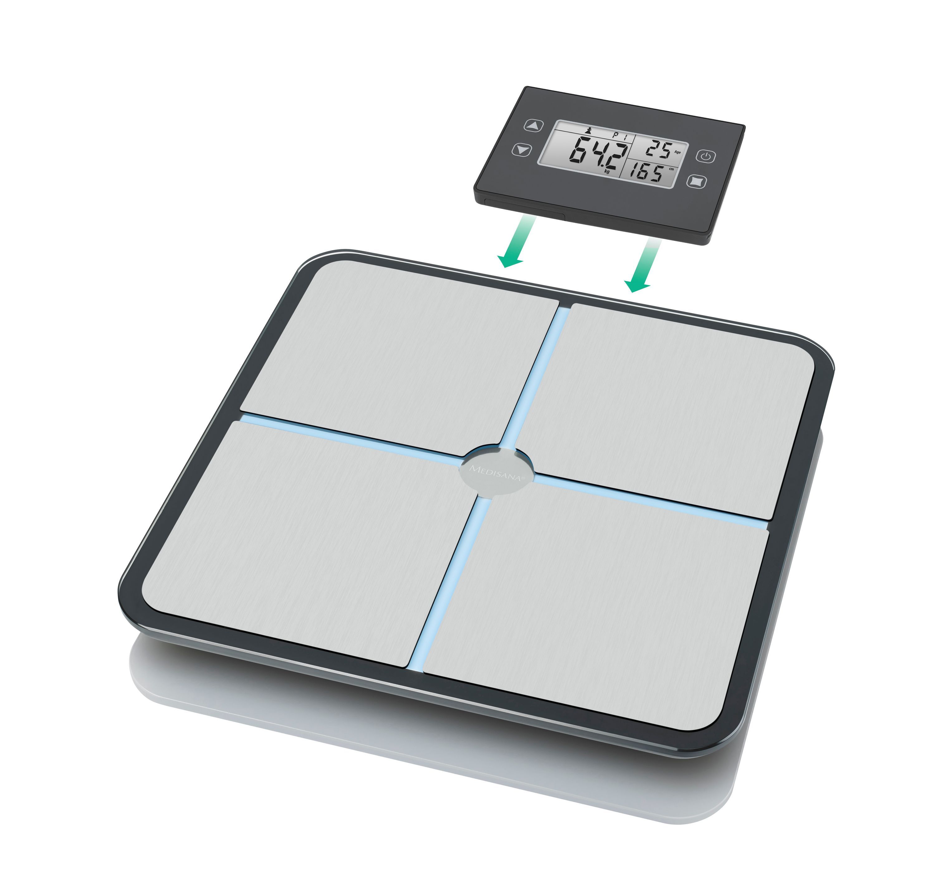 Weegschaal met afneembaar display. Display apart, toont waarden. Weegschaal met vier witte vlakken.