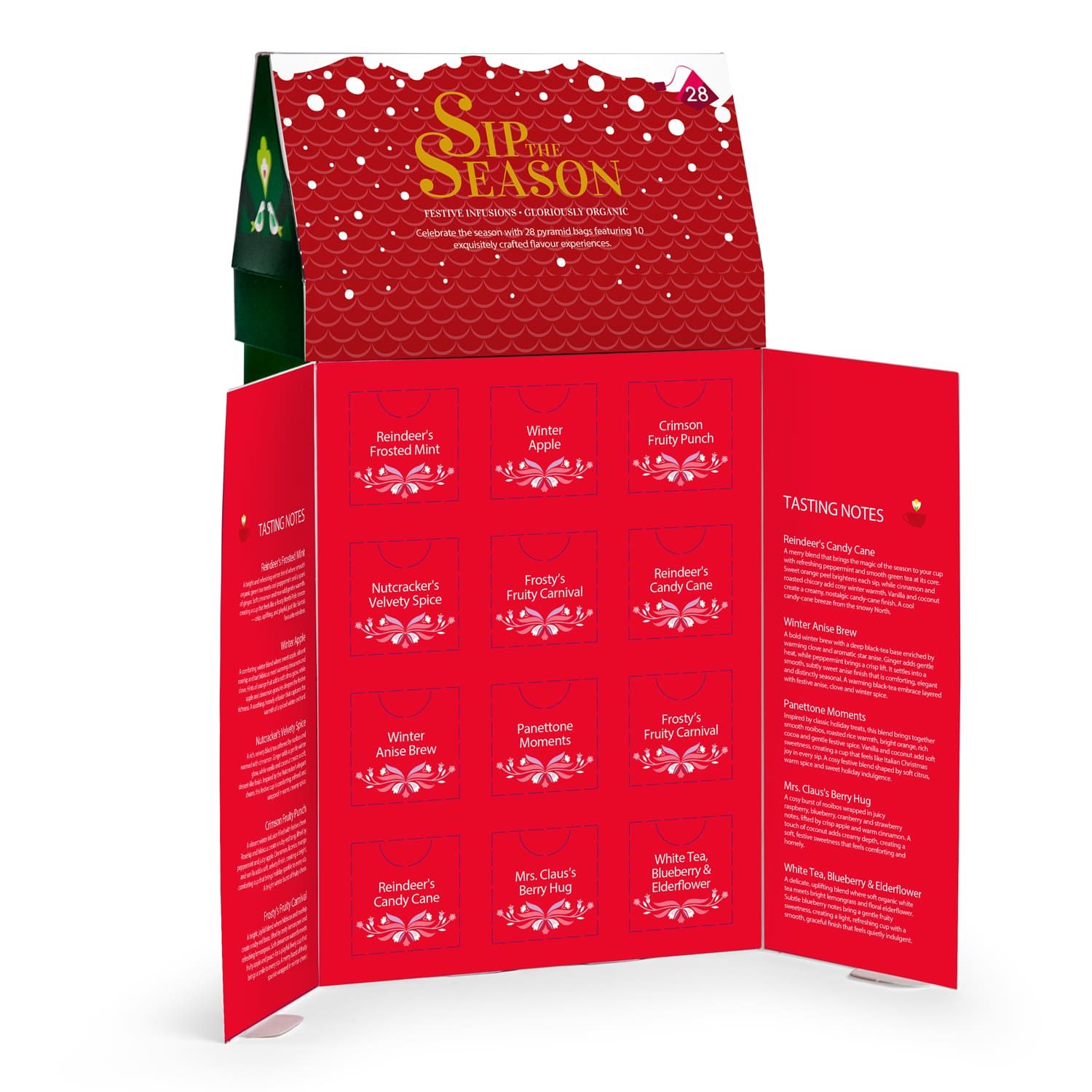 Geöffneter Adventskalender mit 10 Teesorten, 28 Pyramidenbeutel.