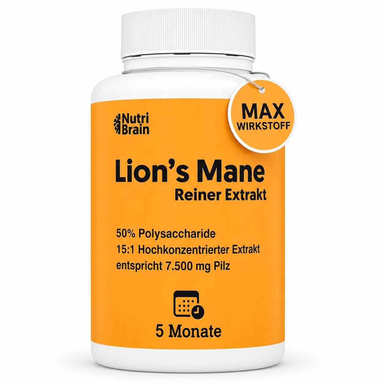 Nutri Brain Lion's Mane Reiner Extrakt Flasche. 50% Polysaccharide, 15:1 Extrakt, entspricht 7.500mg Pilz.