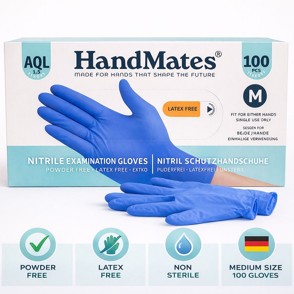 Blauwe Nitril Schutzhandschuhe in einer Box. Latex- und puderfrei. Größe M. 100 Stück. Mit Qualitätszeichen.