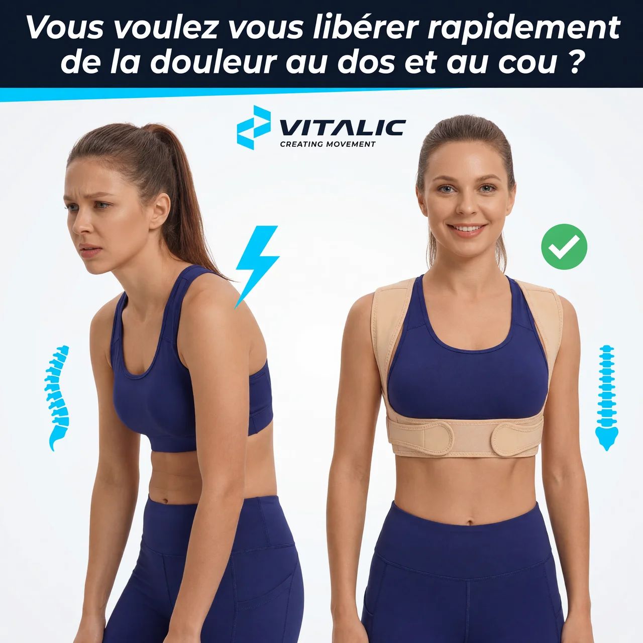 Zwei Frauen, eine mit und eine ohne Rückenbandage. Text: VITALIC. Wollen Sie Schmerzen loswerden?