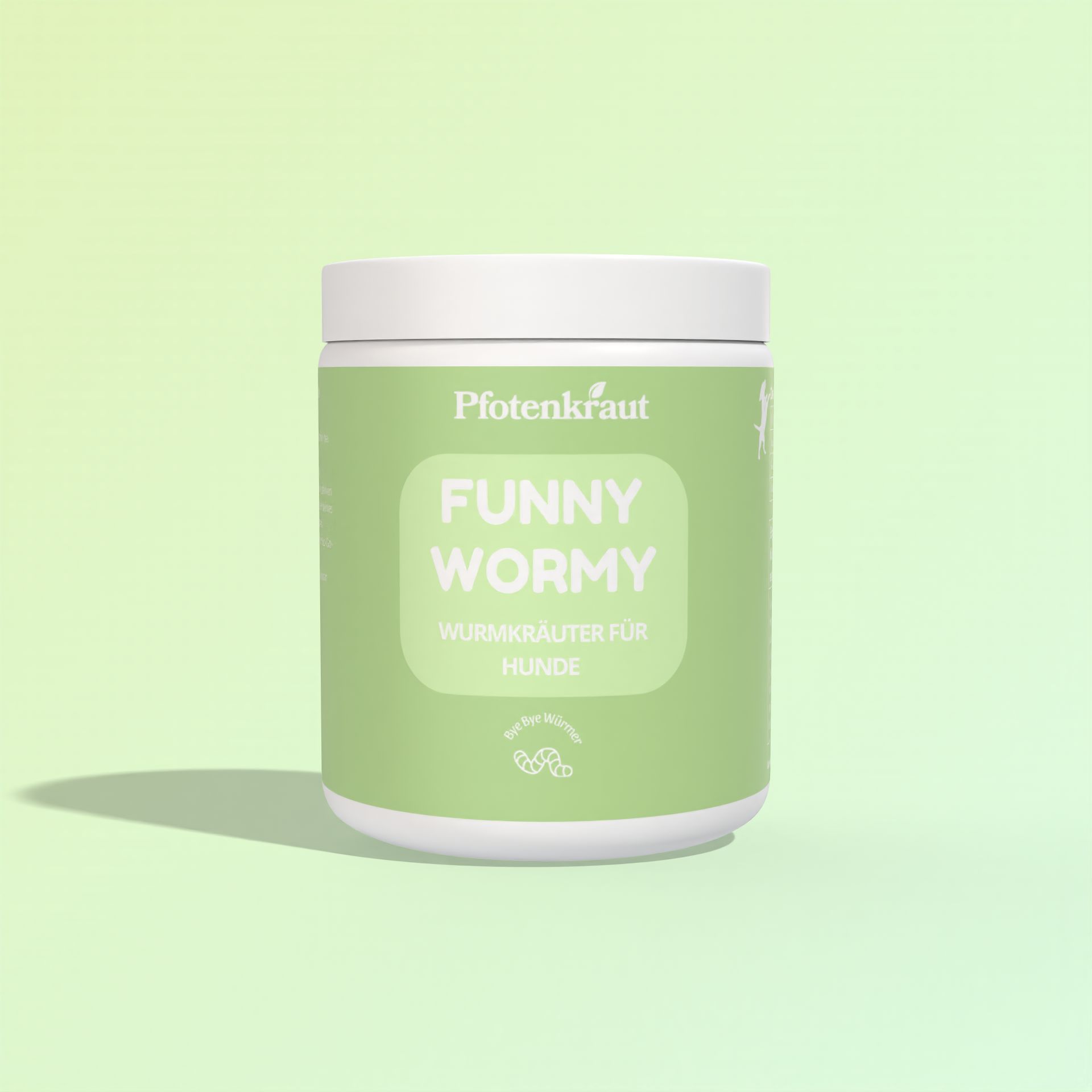 Weißes Gefäß mit grünem Etikett. Aufschrift: Pfotenkraut, FUNNY WORMY, Wurmkräuter für Hunde.
